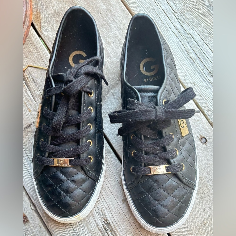 G By Guess Leather Quilted Black Sneakers Gold Embellished